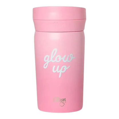 Lil Bunnies - The Collective 320ml pink travel coffee mug featuring a white Glowup script design