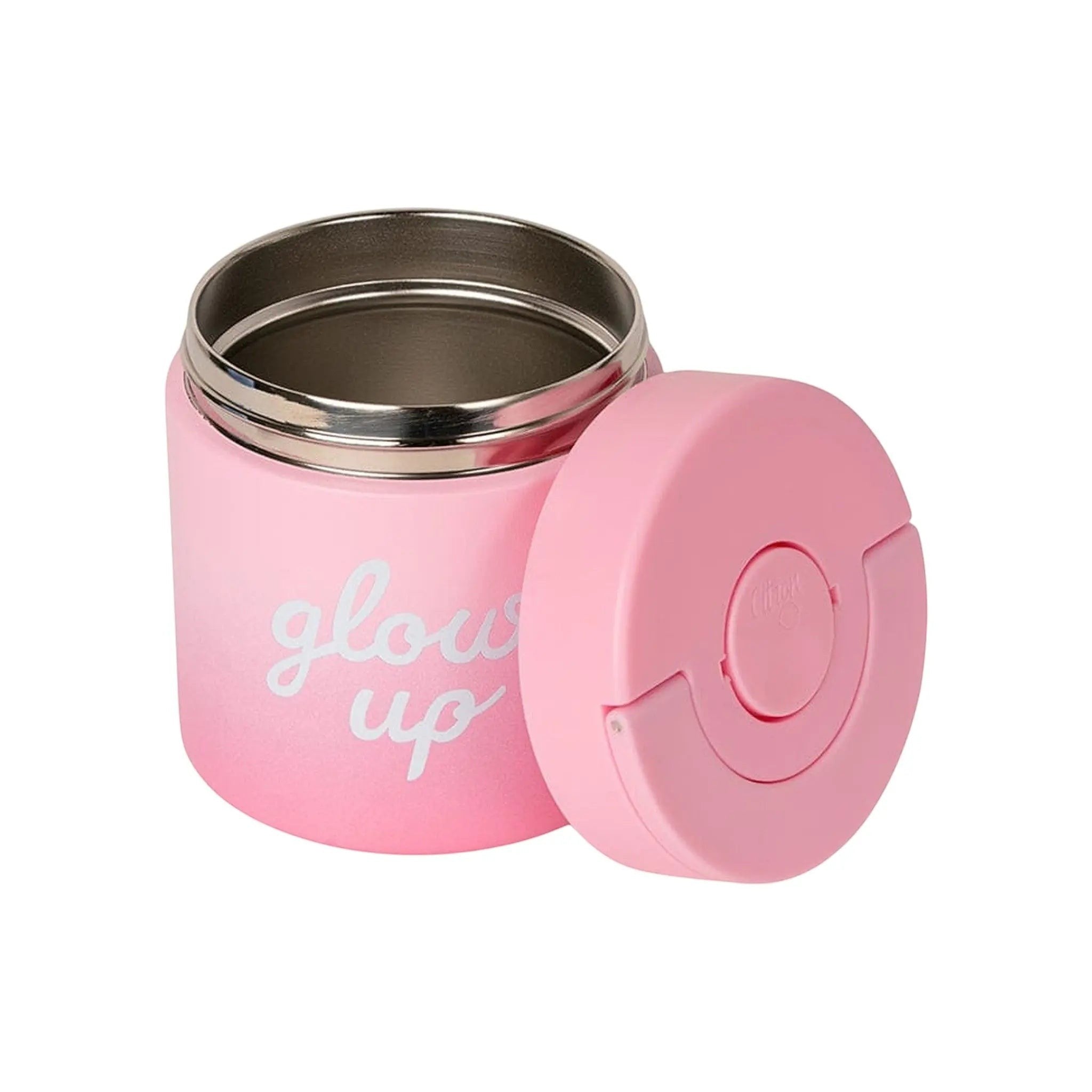 Lil Bunnies - The Collective 350ml insulated stainless steel food jar in pink with glow up text and matching lid