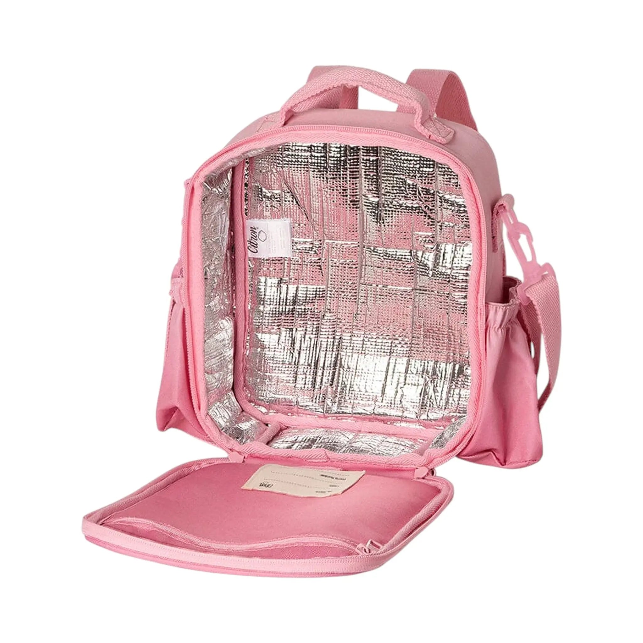 Lil Bunnies - The Collective pink insulated lunchbag backpack with a silver thermal interior and open front flap