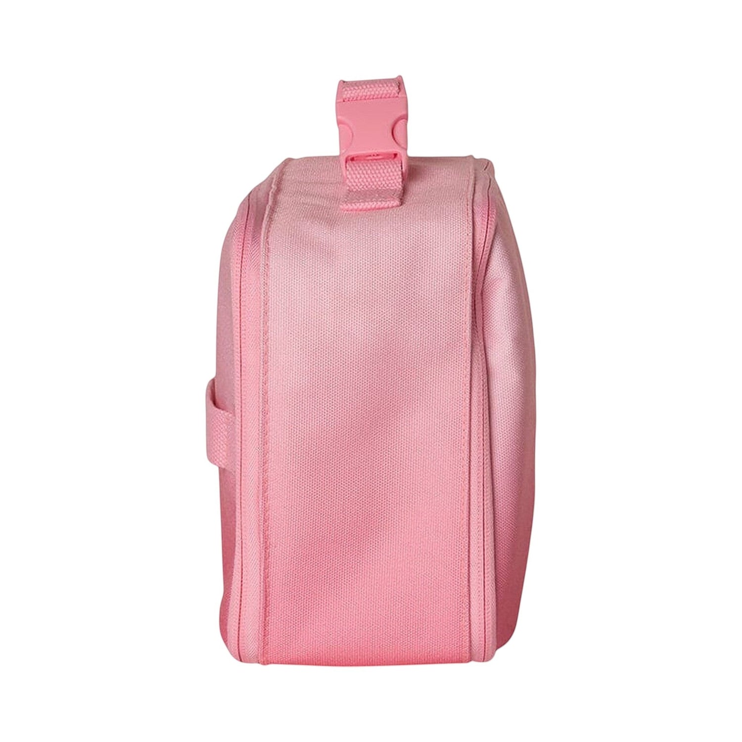 Lil Bunnies - The Collective pink insulated square lunch bag with a top handle and buckle closure, side view.