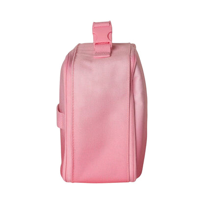 Lil Bunnies - The Collective pink insulated square lunch bag with a top handle and buckle closure, side view.