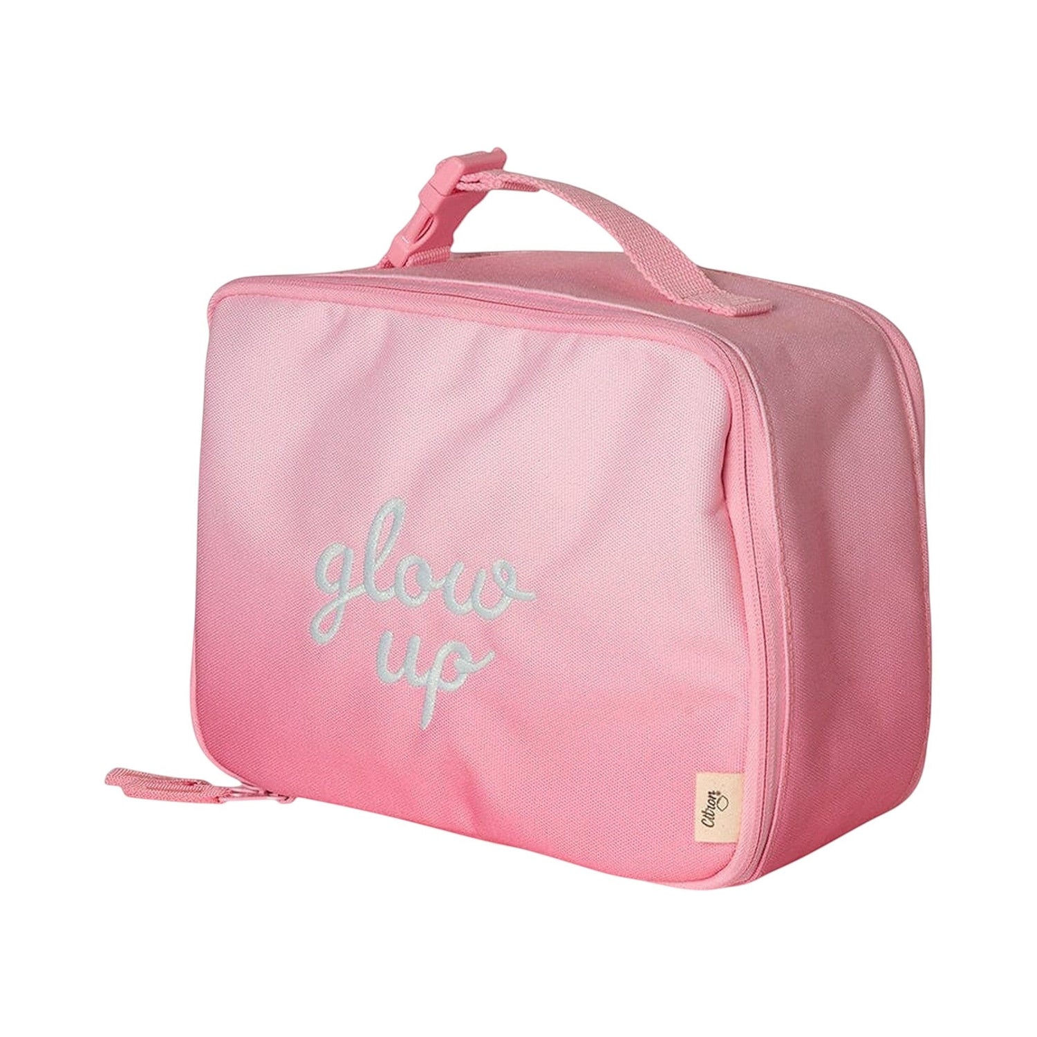 Lil Bunnies - The Collective pink insulated square lunch bag with Glow Up text embroidery and top carry handle