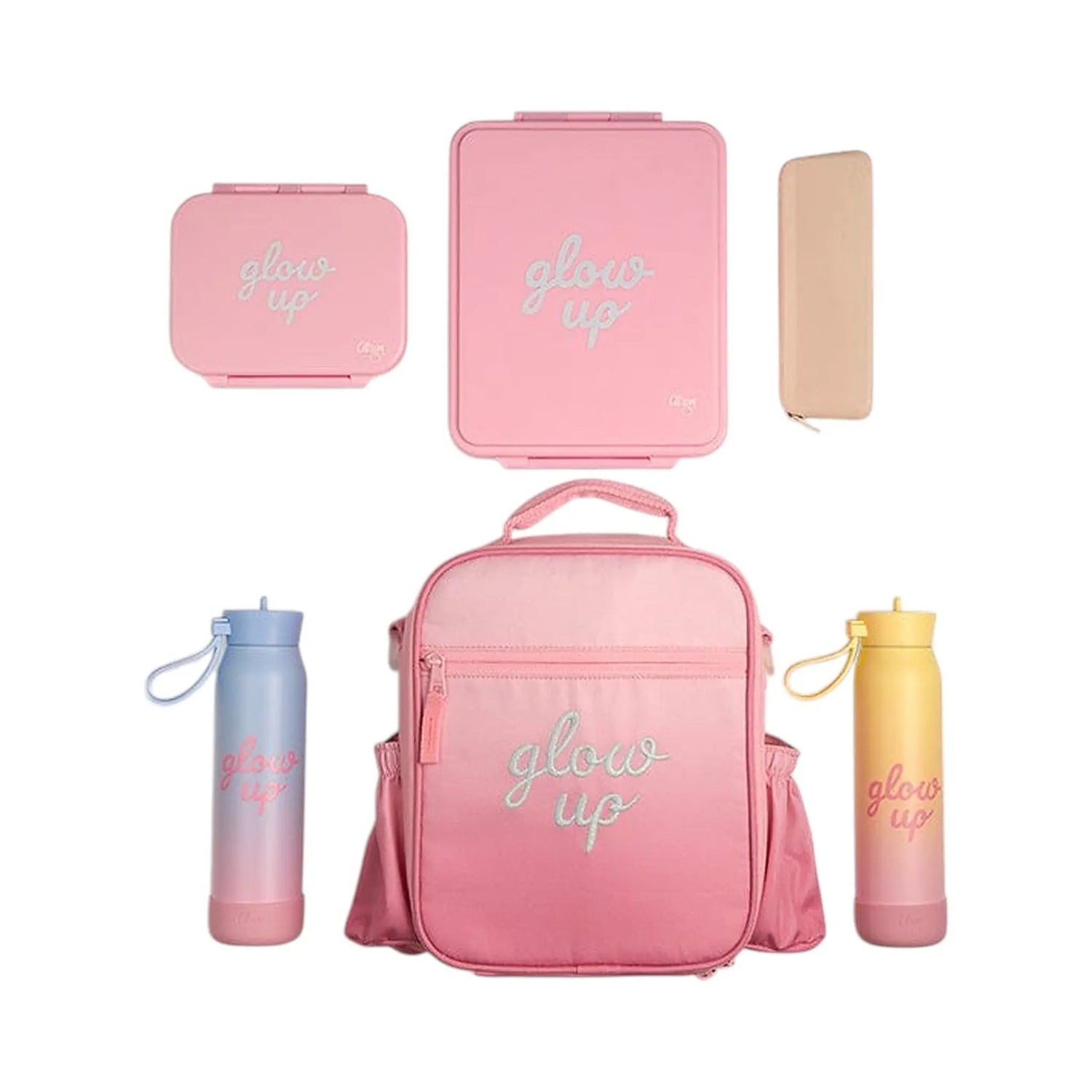Lil Bunnies - The Collective pink insulated lunchbag backpack set with matching food containers and water bottles.