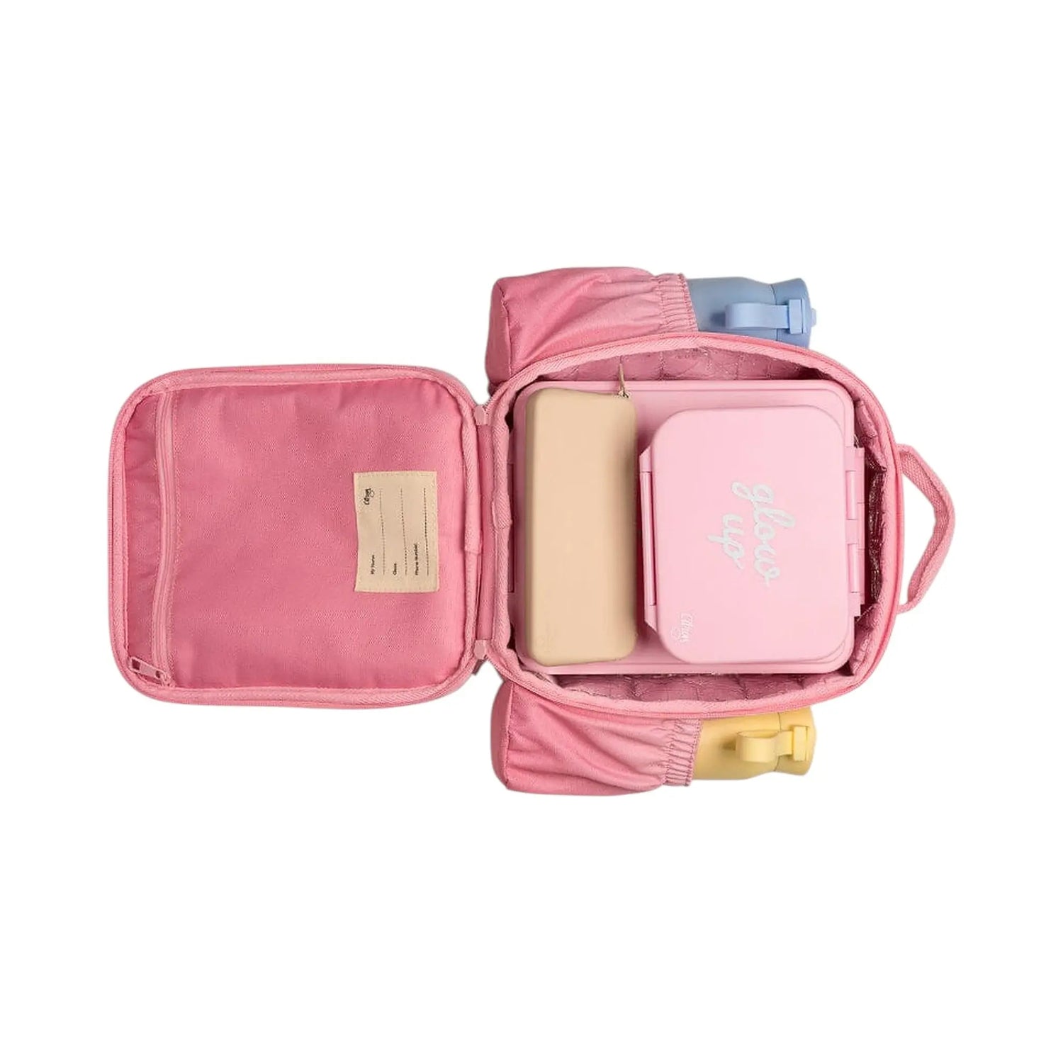 Lil Bunnies - The Collective pink insulated lunchbag backpack open with internal food containers and water bottles