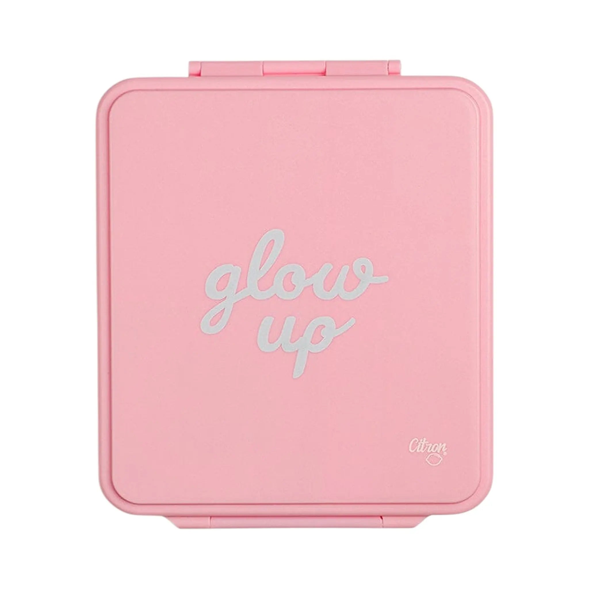 Lil Bunnies - The Collective pink insulated lunchbox with glow up text on the lid
