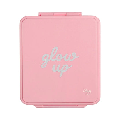 Lil Bunnies - The Collective pink insulated lunchbox with glow up text on the lid