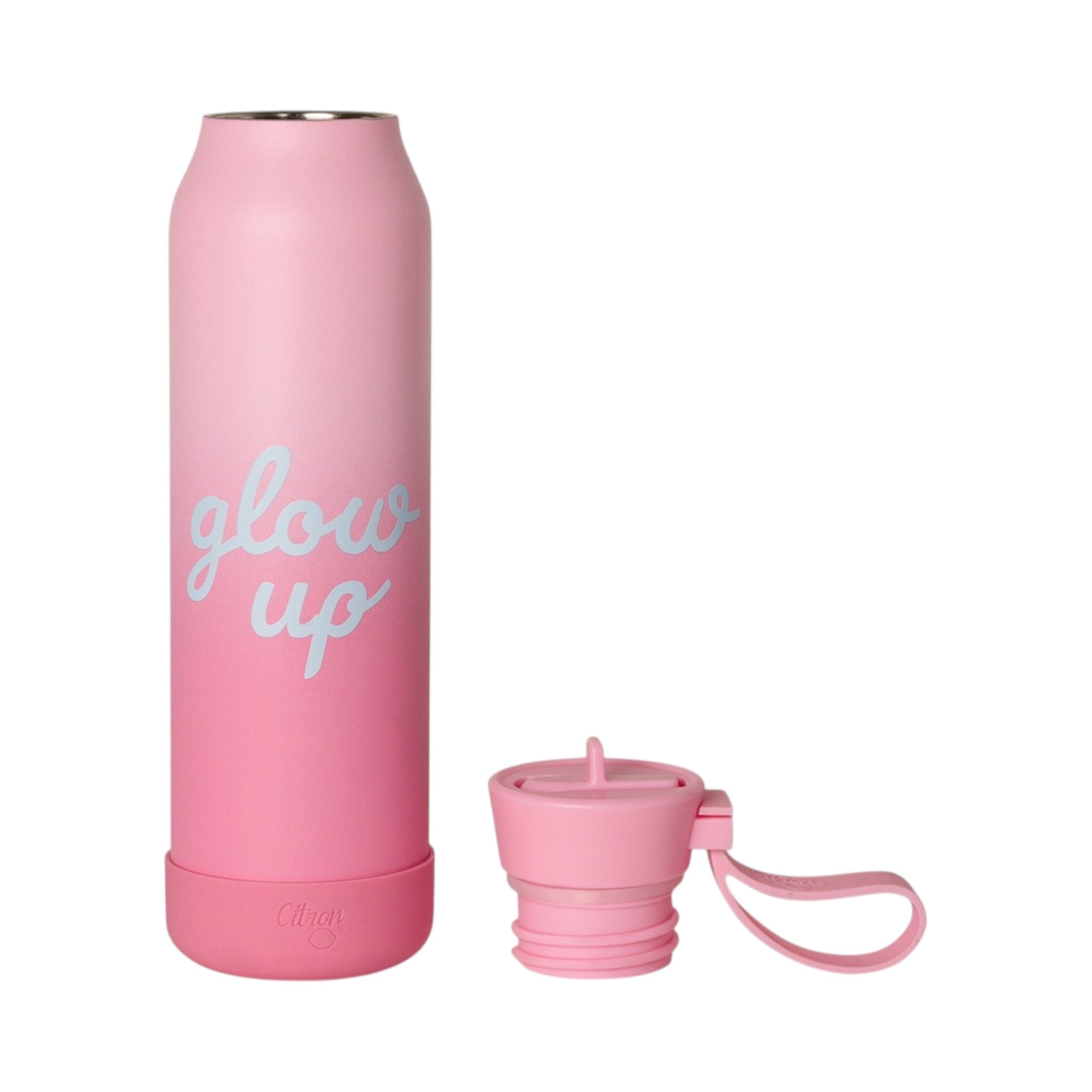 Lil Bunnies - The Collective 500ml pink ombre stainless steel water bottle with Glow Up text and matching lid