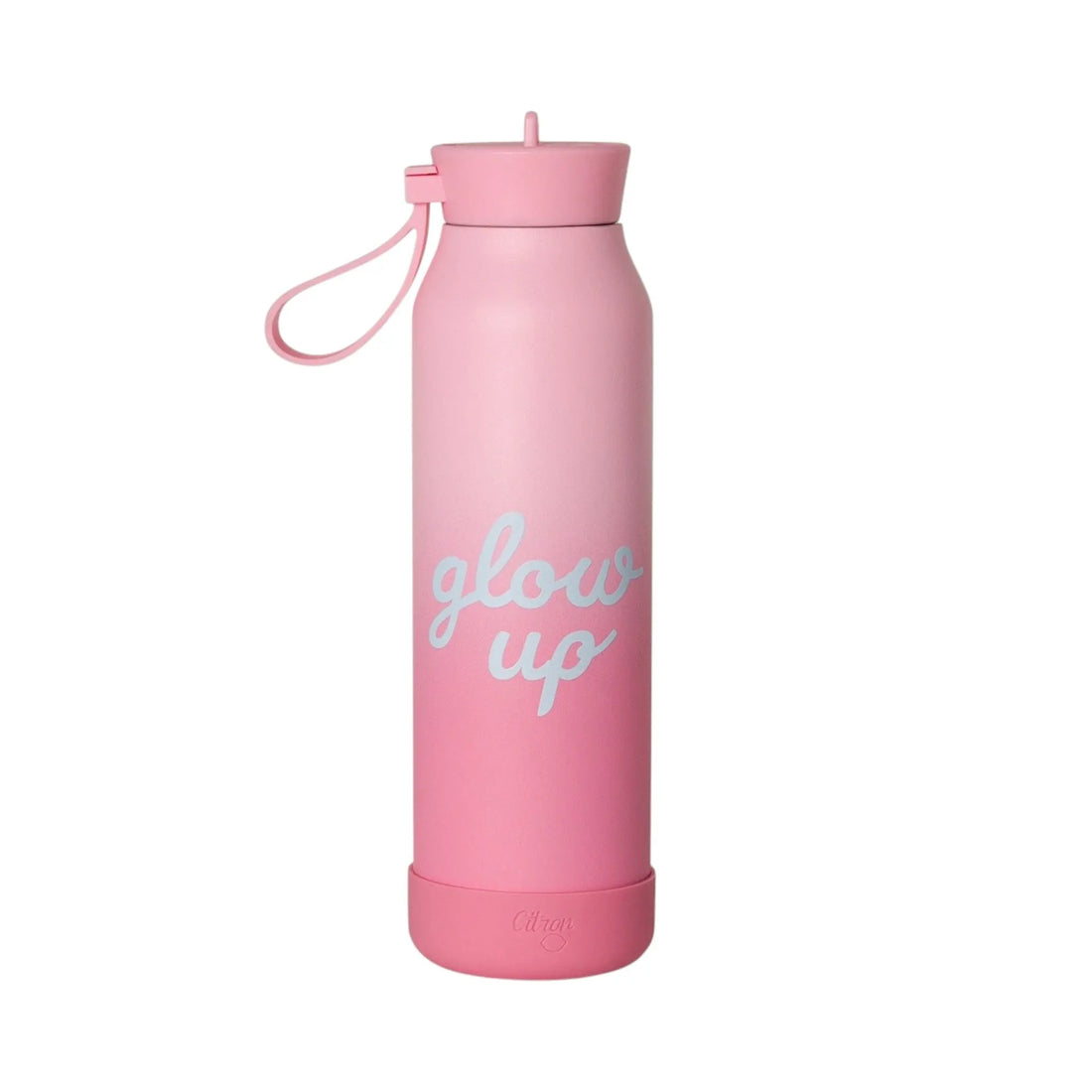 Lil Bunnies - The Collective 500ml pink ombre water bottle with glow up text and silicone carry loop