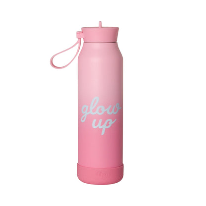 Lil Bunnies - The Collective 500ml pink ombre water bottle with glow up text and silicone carry loop