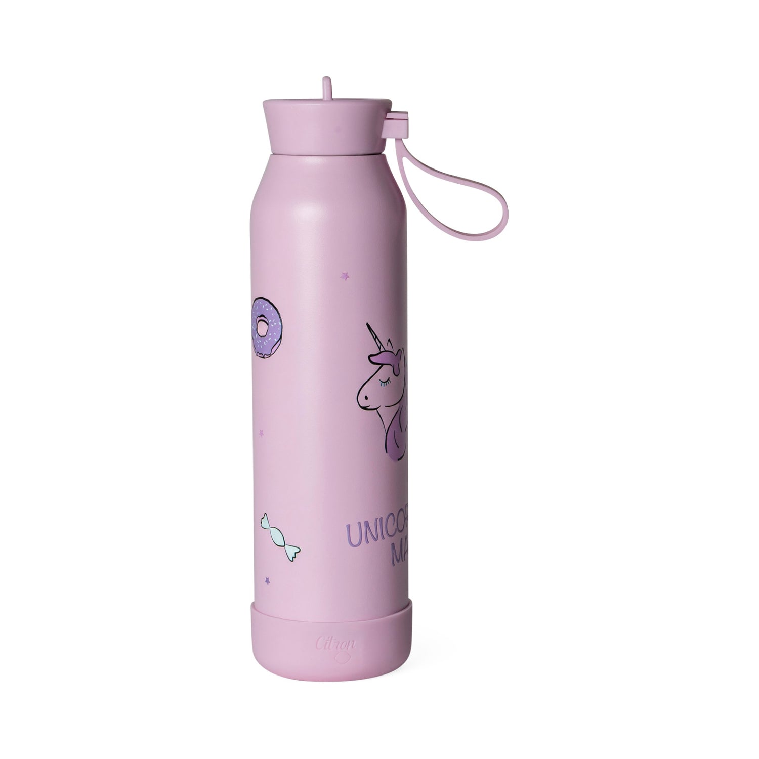 Lil Bunnies - The Collective 500ml pink stainless steel water bottle with unicorn, donut, and candy print