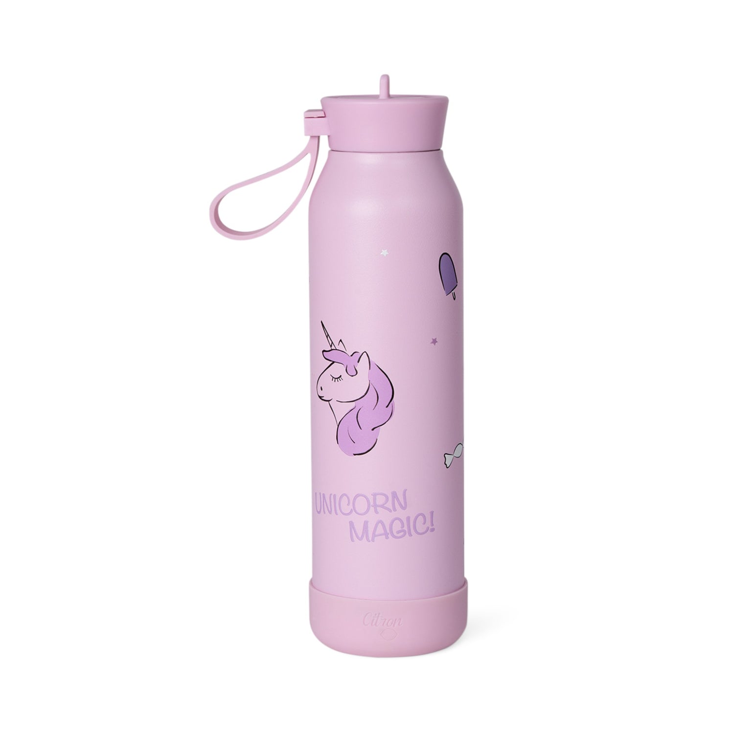 Lil Bunnies - The Collective 500ml pink stainless steel water bottle with a cute unicorn and magic print