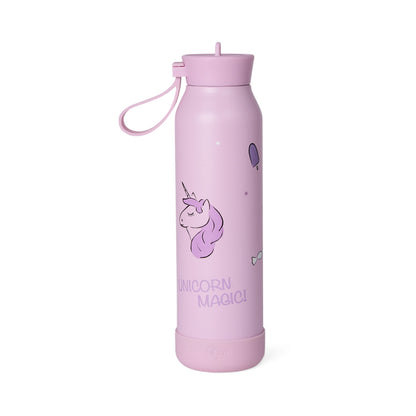 Lil Bunnies - The Collective 500ml pink stainless steel water bottle with a cute unicorn and magic print
