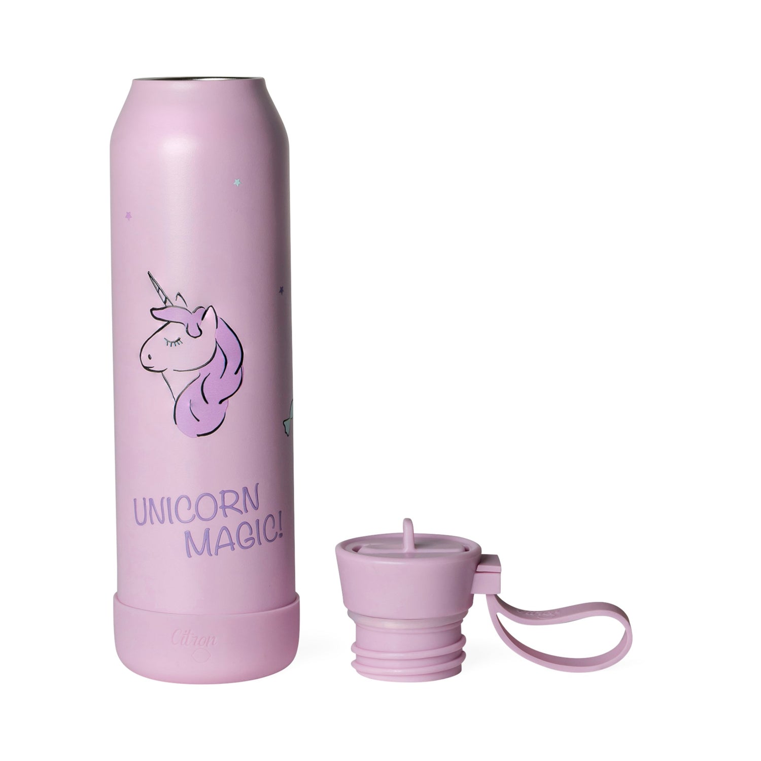 Lil Bunnies - The Collective 500ml light pink stainless steel water bottle with a unicorn and Unicorn Magic text