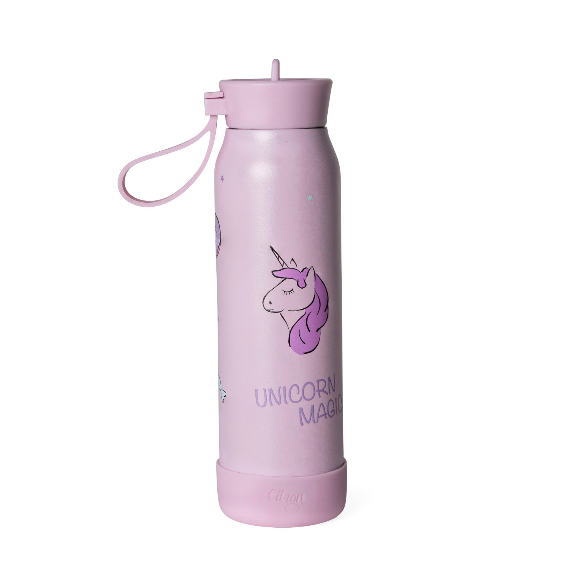 Lil Bunnies - The Collective 350ml pink stainless steel water bottle featuring a Stormy Unicorn design