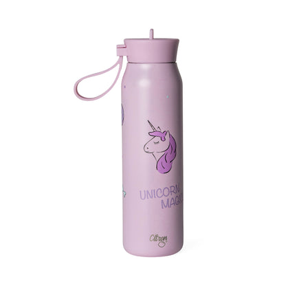 Lil Bunnies - The Collective 350ml pink stainless steel water bottle with a purple unicorn and magic text design