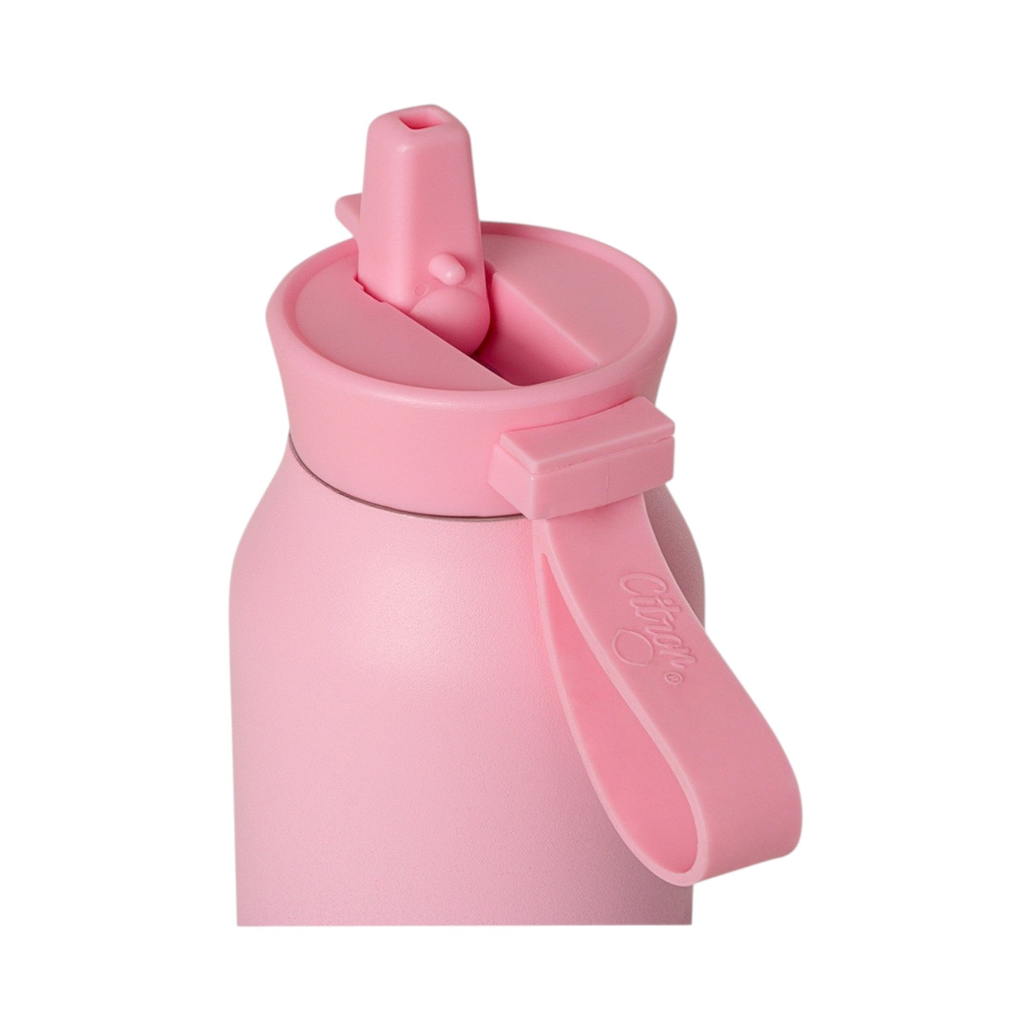 Lil Bunnies - The Collective 500ml pink water bottle with a flip-up straw lid and integrated silicone carry handle.
