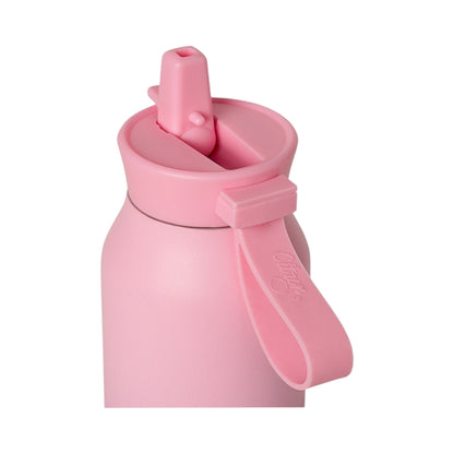 Lil Bunnies - The Collective 500ml pink water bottle with a flip-up straw lid and integrated silicone carry handle.
