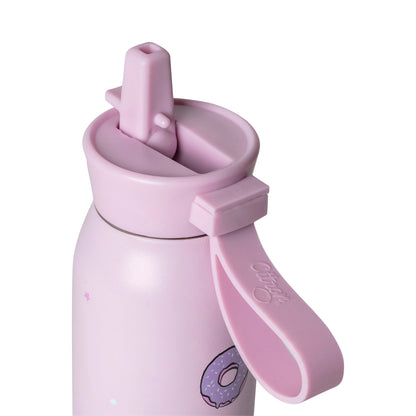 Lil Bunnies - The Collective 350ml pink stainless steel water bottle with a silicone carry loop and straw lid