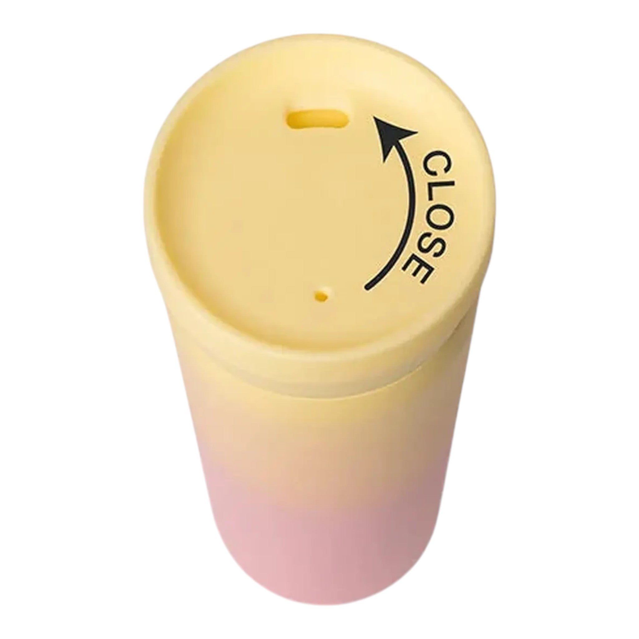 Lil Bunnies - The Collective 450ml coffee mug with a pink and yellow ombre design and a yellow lid with close arrow