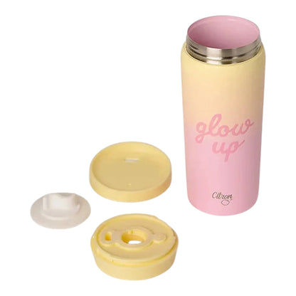 Lil Bunnies - The Collective 450ml pink and yellow ombre insulated coffee mug with glow up text and removable lid