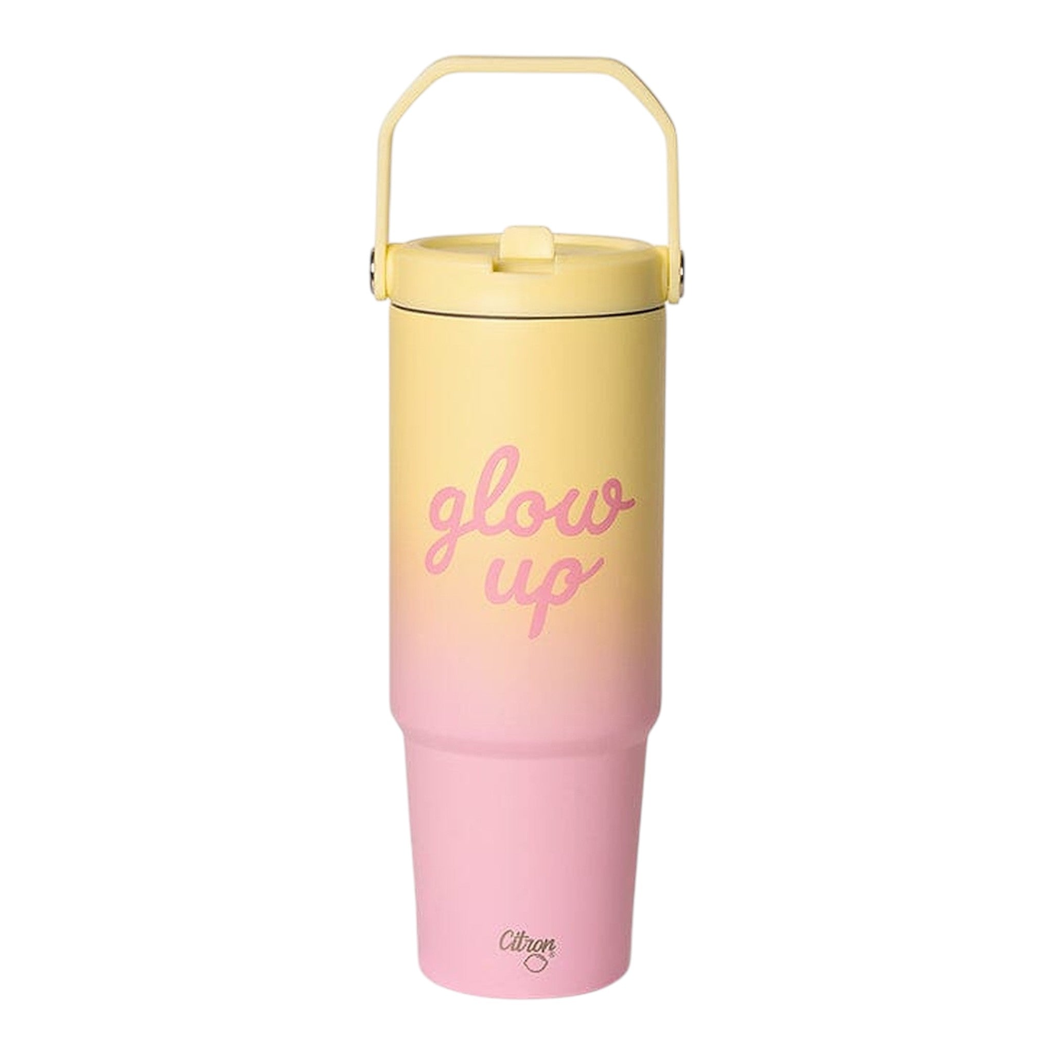 Lil Bunnies - The Collective 900ml insulated tumbler in a pink and yellow ombre design with glow up text