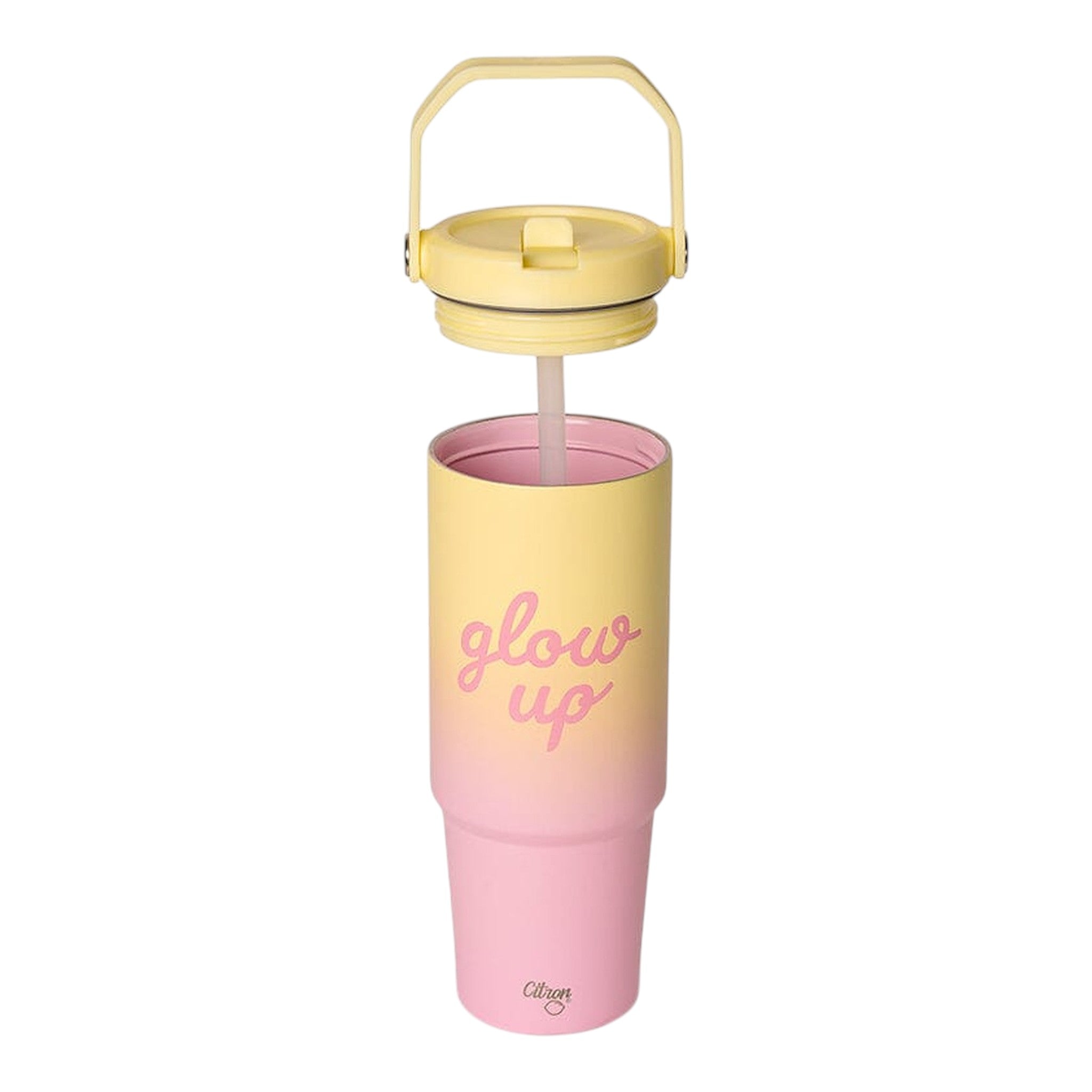 Lil Bunnies - The Collective 900ml insulated tumbler in pink and yellow ombre with glow up text and straw lid
