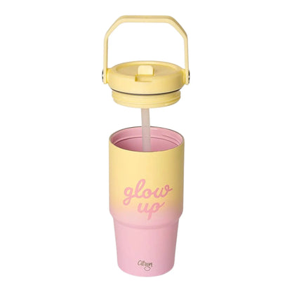 Lil Bunnies - The Collective 600ml insulated tumbler in pink and yellow ombre with a straw and carry handle