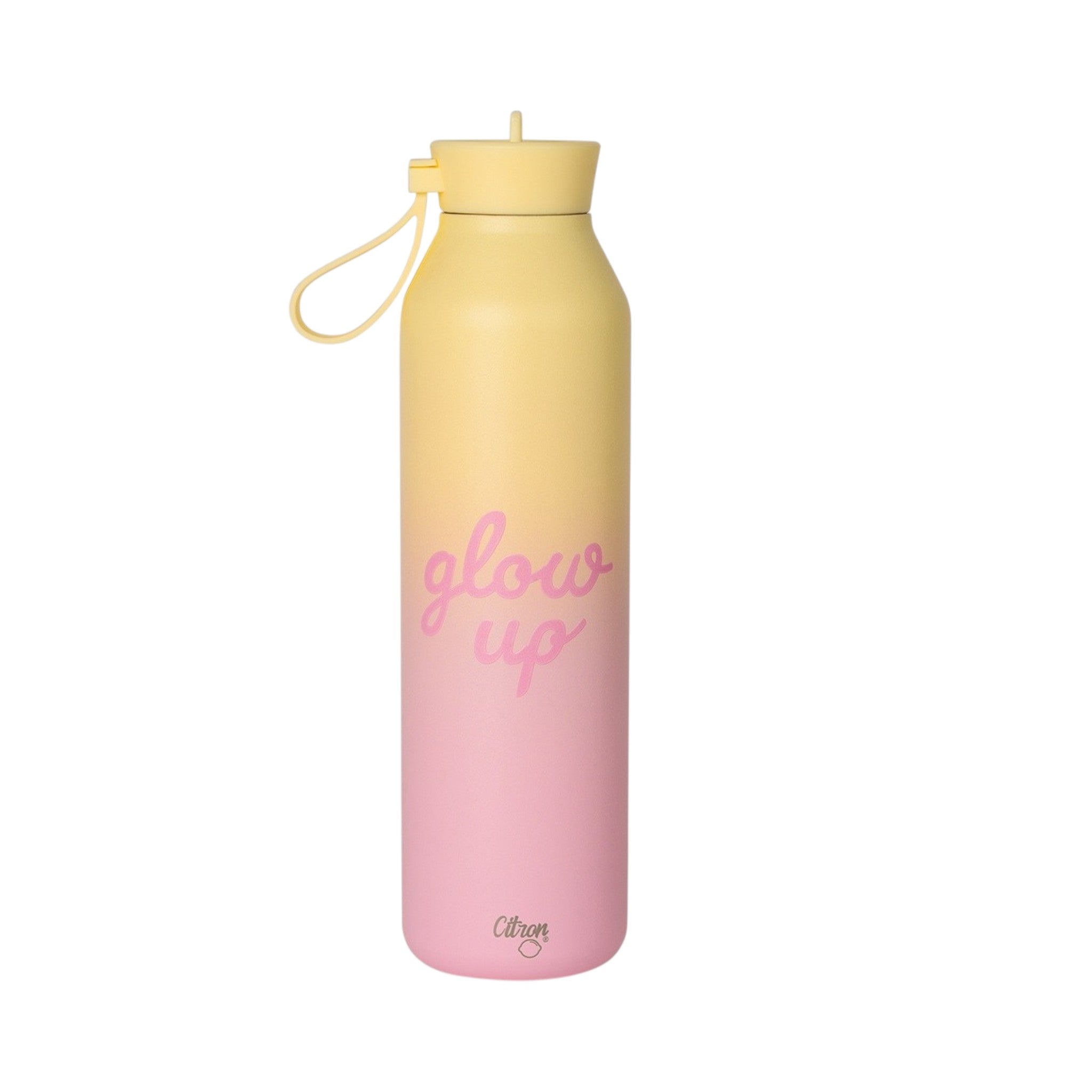 Lil Bunnies - The Collective 750ml water bottle featuring a yellow to pink ombre gradient and glow up text design