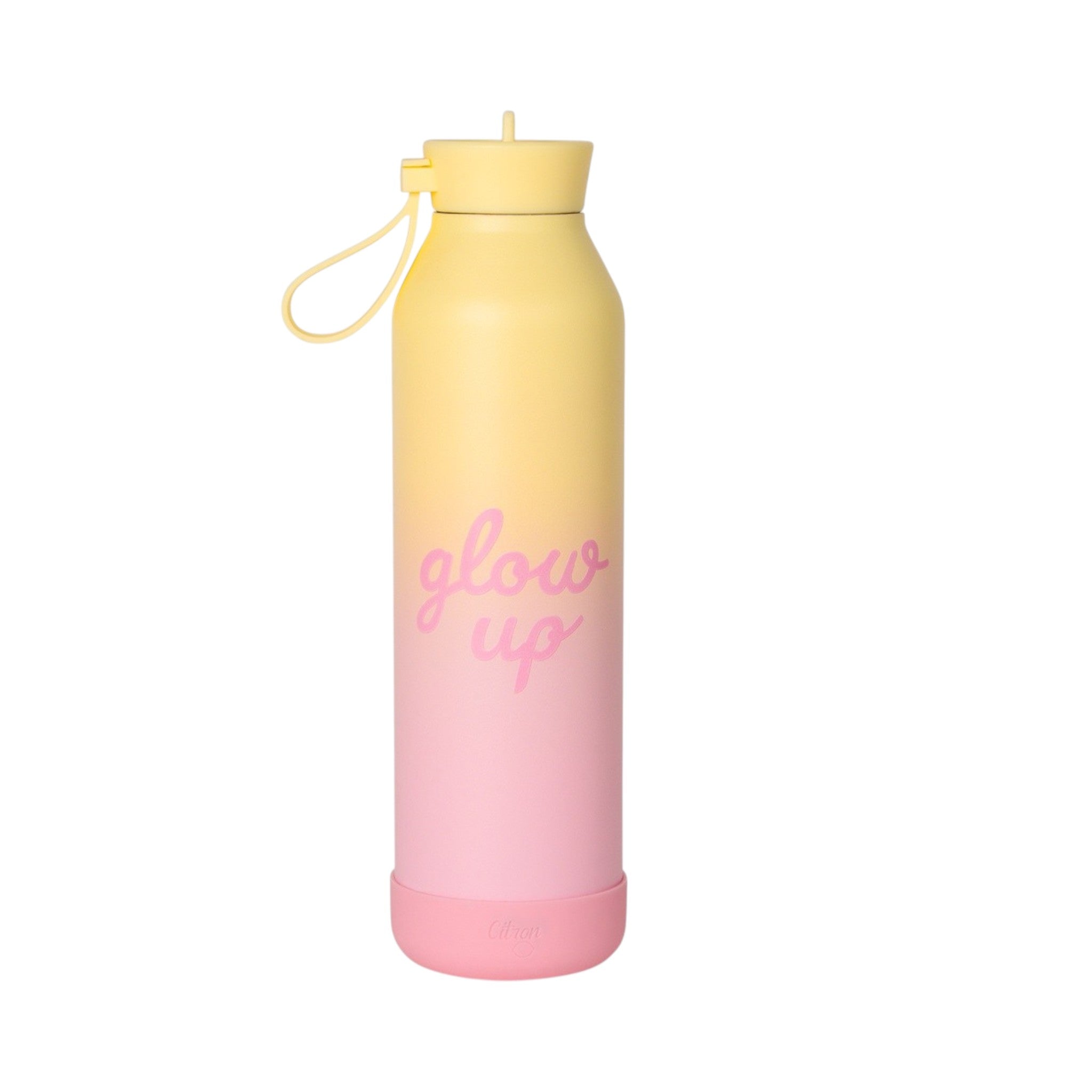 Lil Bunnies - The Collective 750ml water bottle with a pink and yellow ombre finish and glow up text