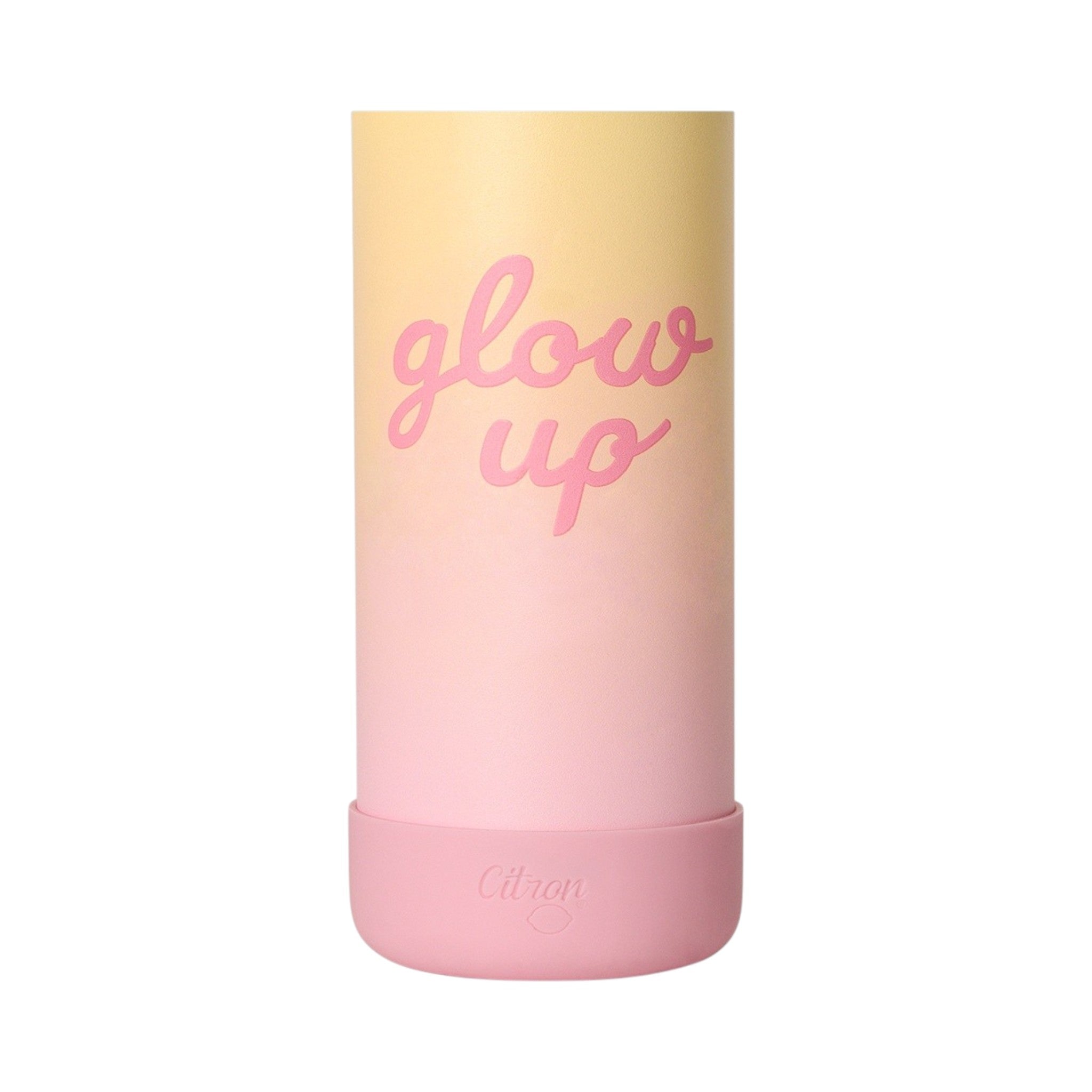 Lil Bunnies - The Collective 350ml water bottle with a pink and yellow ombre finish and glow up text