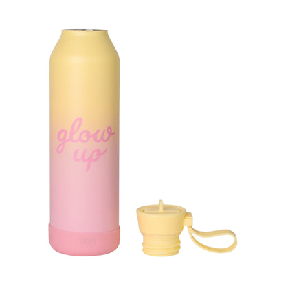 Lil Bunnies - The Collective 750ml water bottle with a pink and yellow ombre finish and glow up text