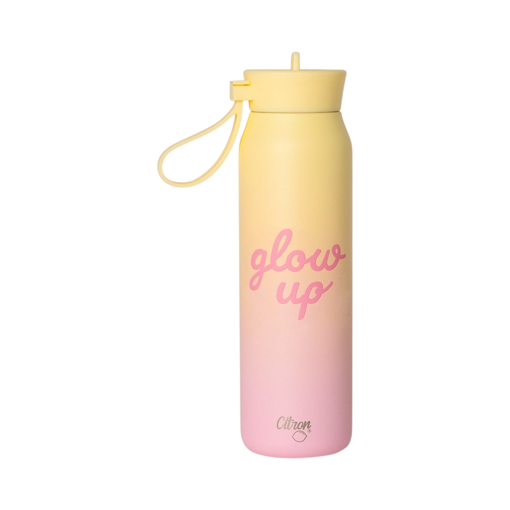 Lil Bunnies - The Collective 350ml water bottle with a pink and yellow gradient, featuring glow up text and a lid loop