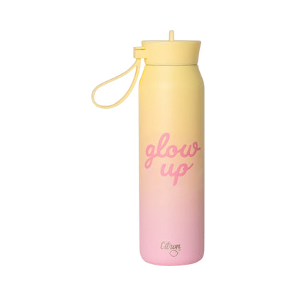 Lil Bunnies - The Collective 350ml water bottle with a pink and yellow gradient, featuring glow up text and a lid loop