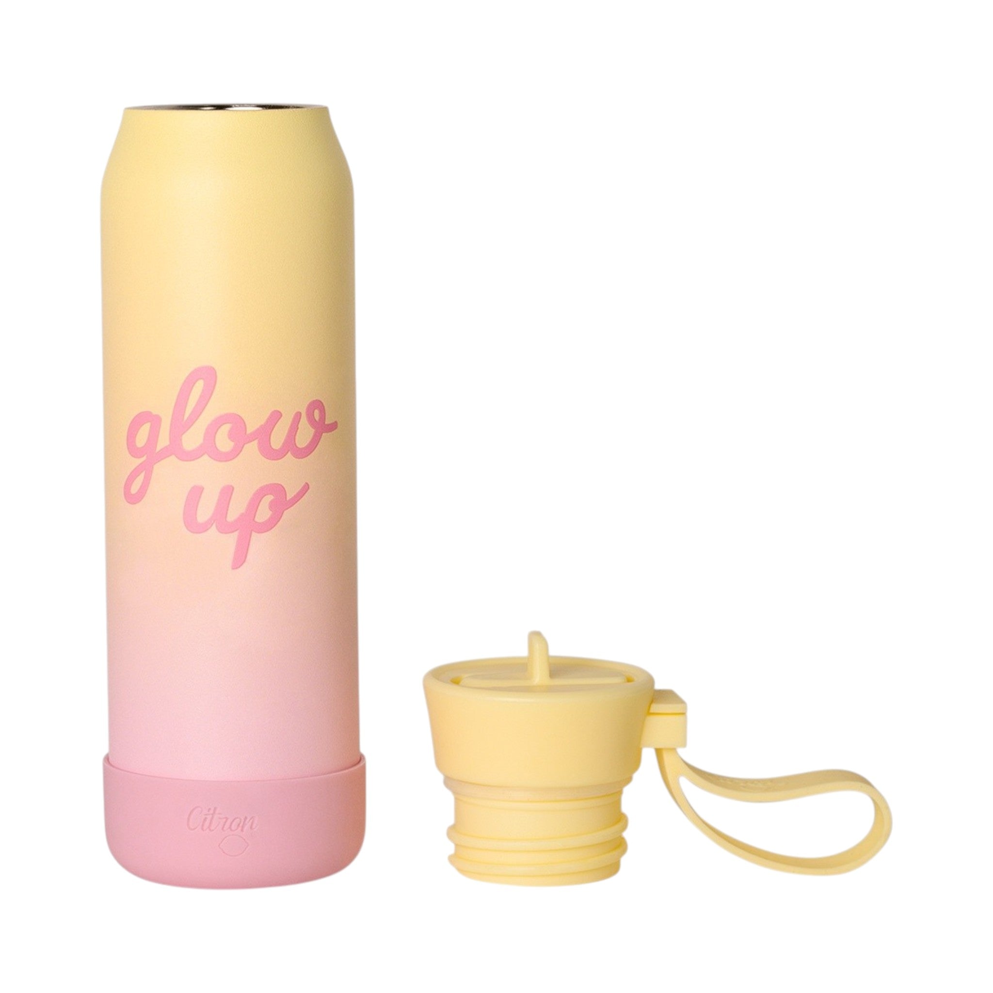 Lil Bunnies - The Collective 350ml water bottle in a pink and yellow ombre design with glow up text and a yellow lid