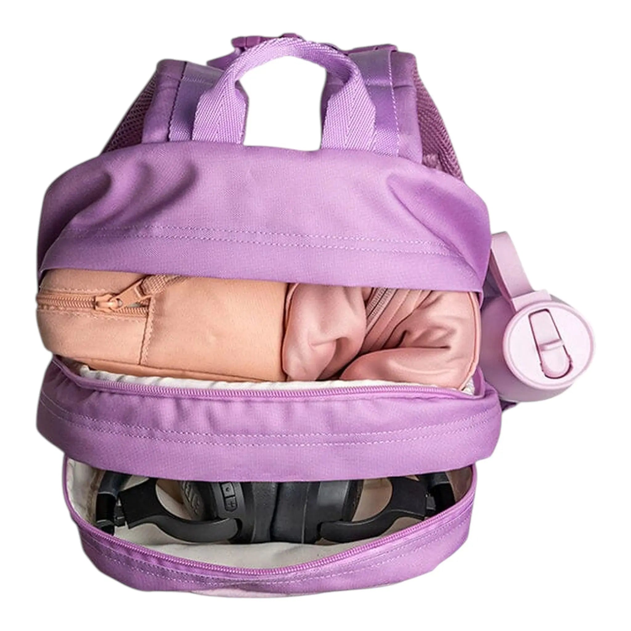 Lil Bunnies - The Collective Grand Backpack in Stormy Unicorn purple, shown open with packed clothes and headphones.