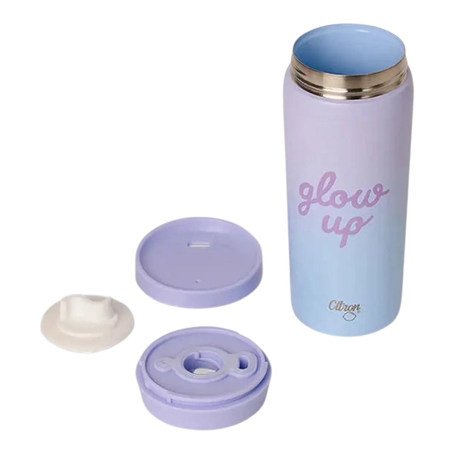Lil Bunnies - The Collective 450ml purple and blue gradient coffee mug with glow up text and disassembled lid parts