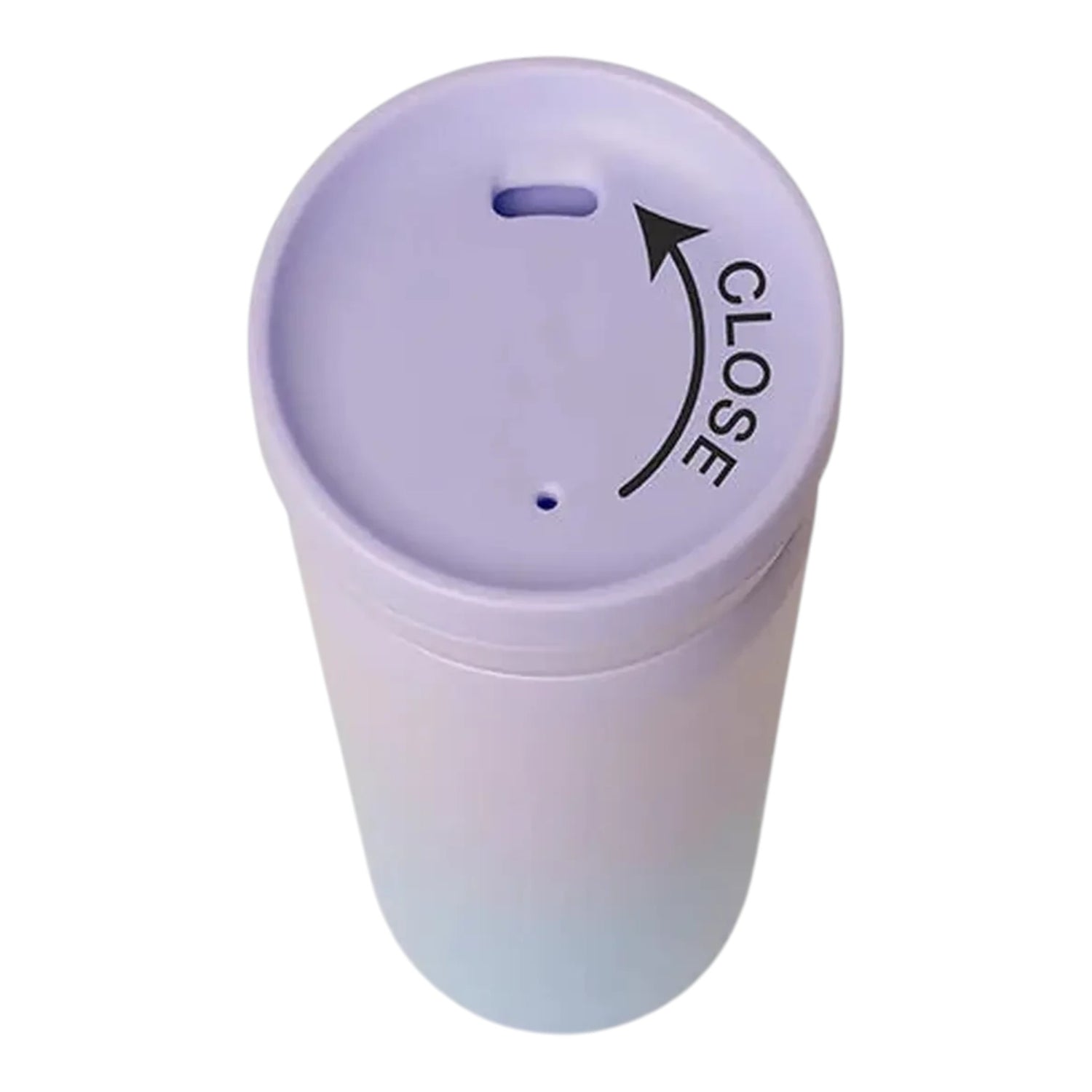 Lil Bunnies - The Collective 450ml purple and blue gradient coffee mug with a closeable lid, top-down view.