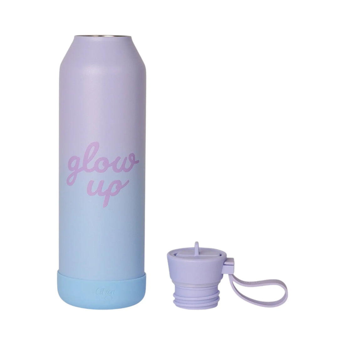 Lil Bunnies - The Collective 750ml purple and blue gradient water bottle with Glow Up text and matching lid