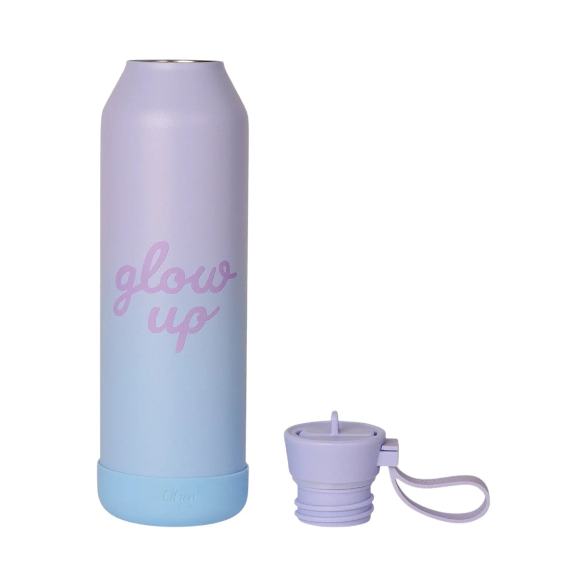 Lil Bunnies - The Collective 750ml purple and blue gradient water bottle with Glow Up text and matching lid