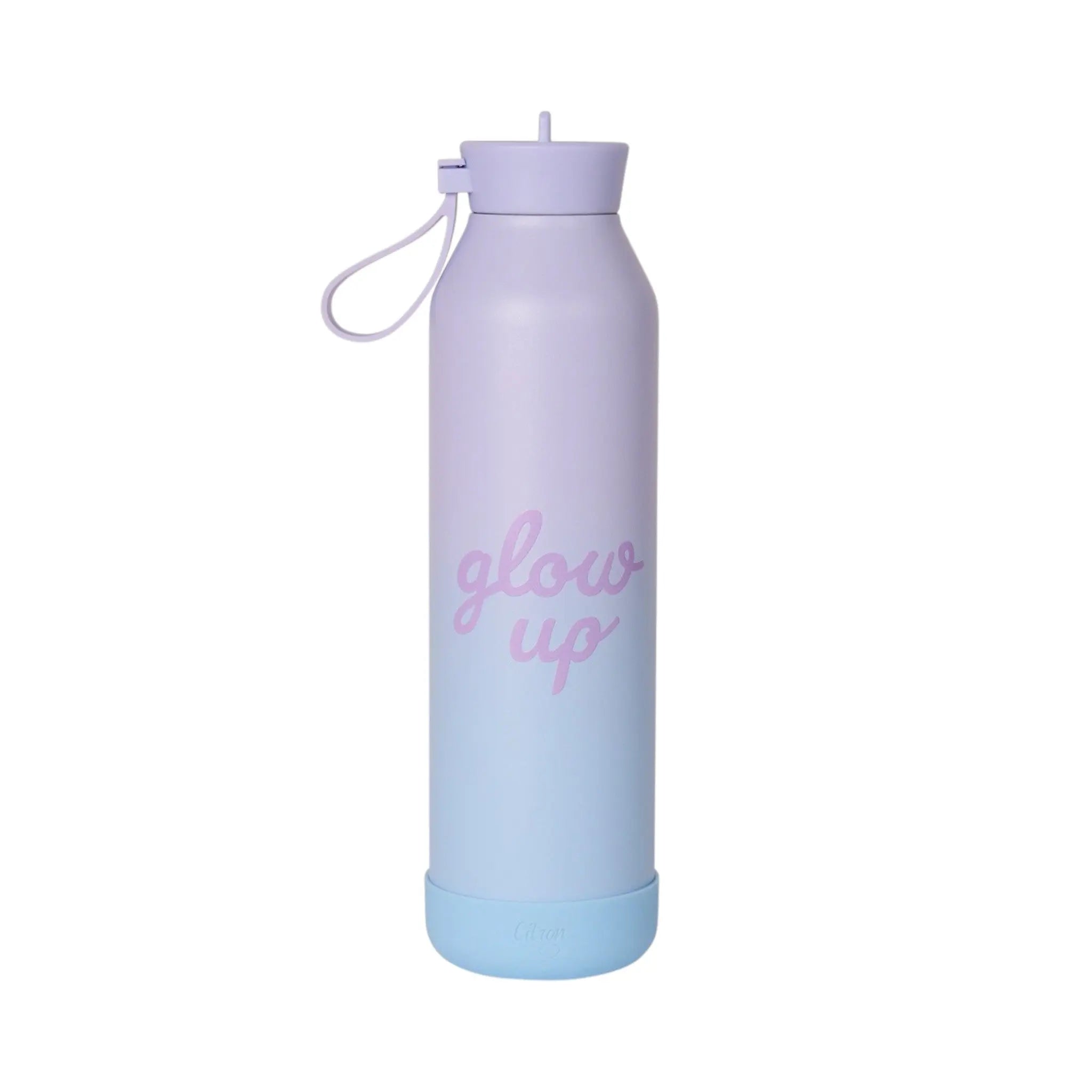 Lil Bunnies - The Collective 750ml water bottle in a purple to blue ombre finish with glow up text and silicone base