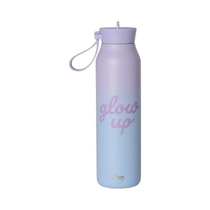 Lil Bunnies - The Collective 500ml purple and blue ombre water bottle with glow up text and a carry loop