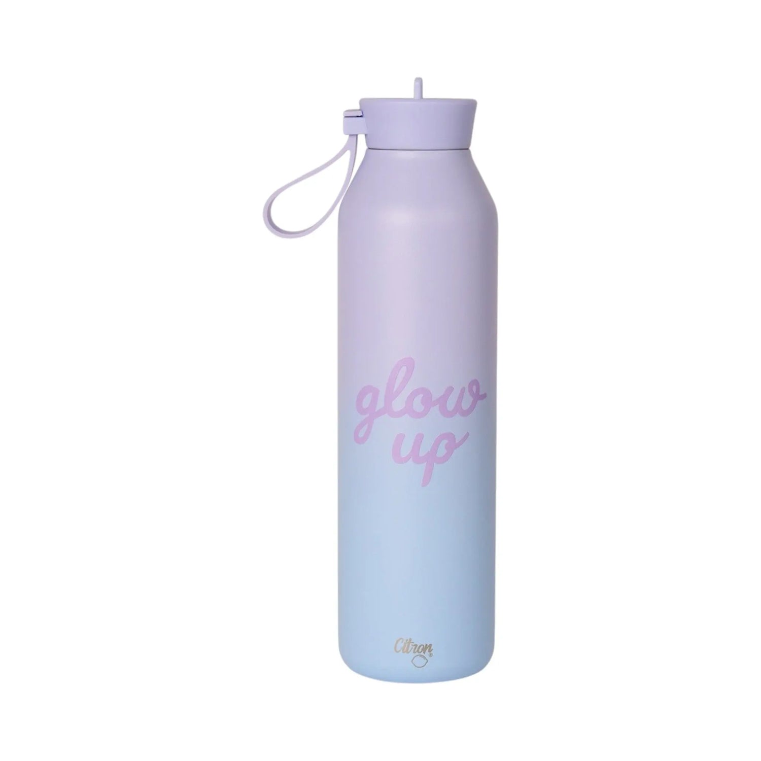 Lil Bunnies - The Collective 750ml purple and blue ombre water bottle with glow up text and a carry loop