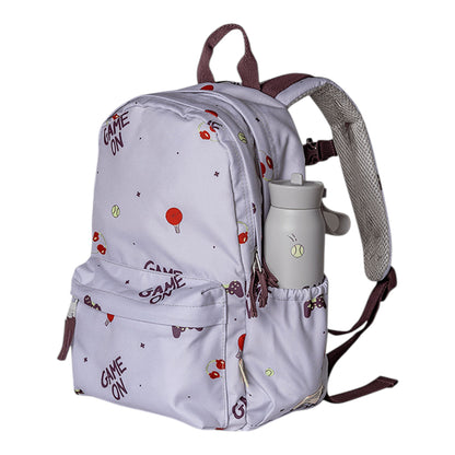 Lil Bunnies - The Collective medium backpack in light purple with a playful Game On sports print and side water bottle