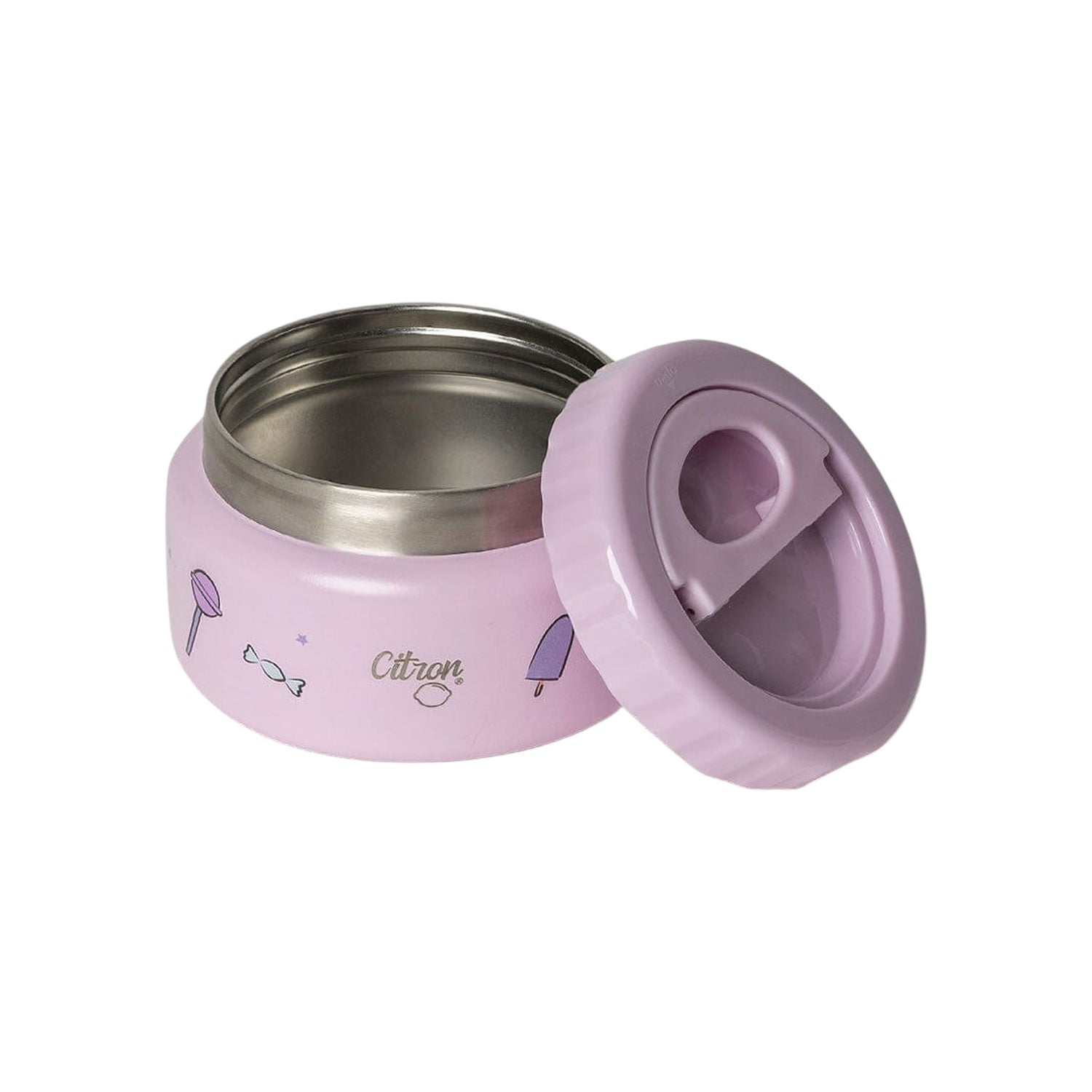 Lil Bunnies - The Collective 250ml insulated food jar in light purple with a playful unicorn and candy print