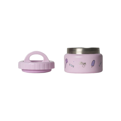 Lil Bunnies - The Collective 250ml insulated food jar in light purple with cute unicorn and candy print and lid