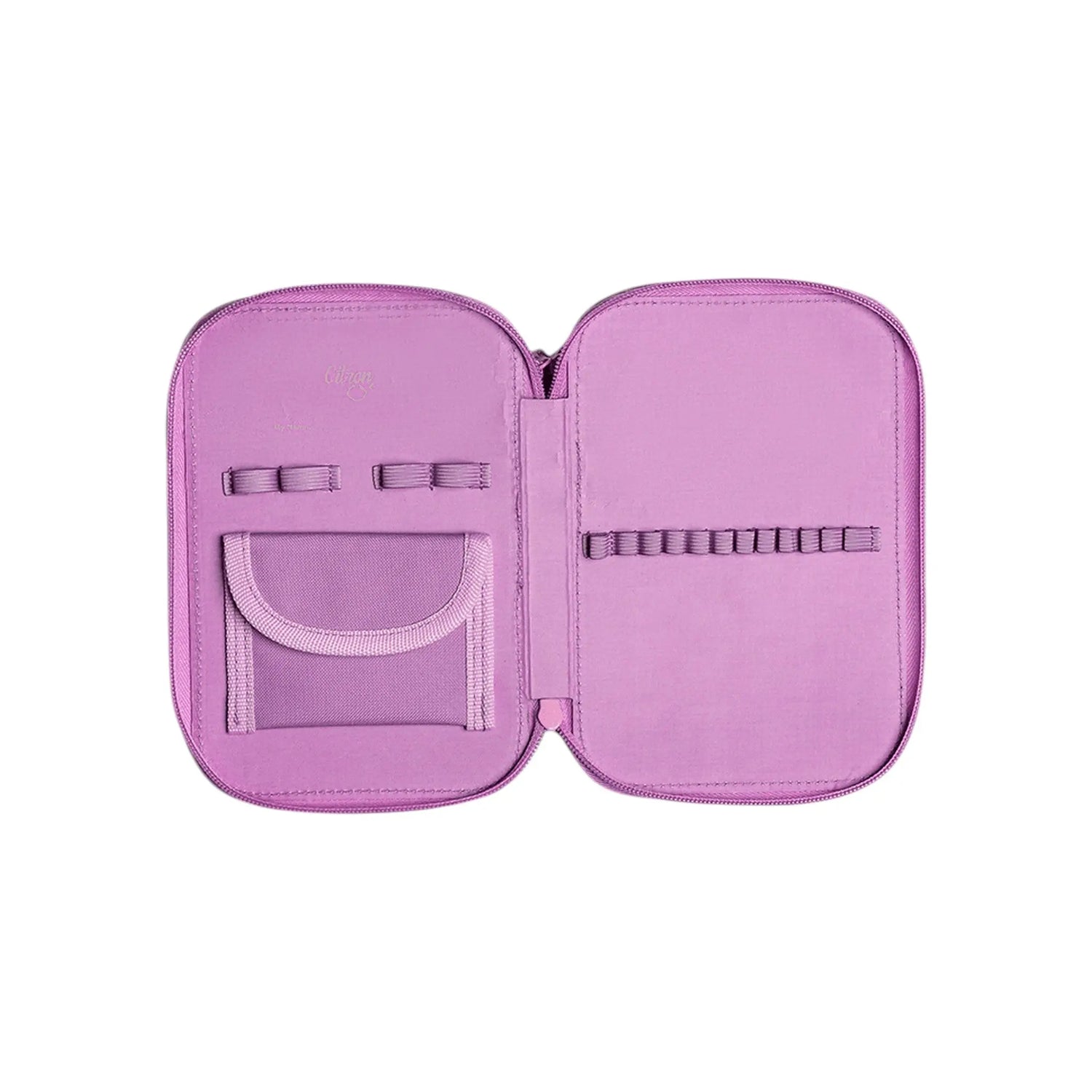 Lil Bunnies - The Collective open purple layered pencil case with elastic pen holders and a mesh pocket