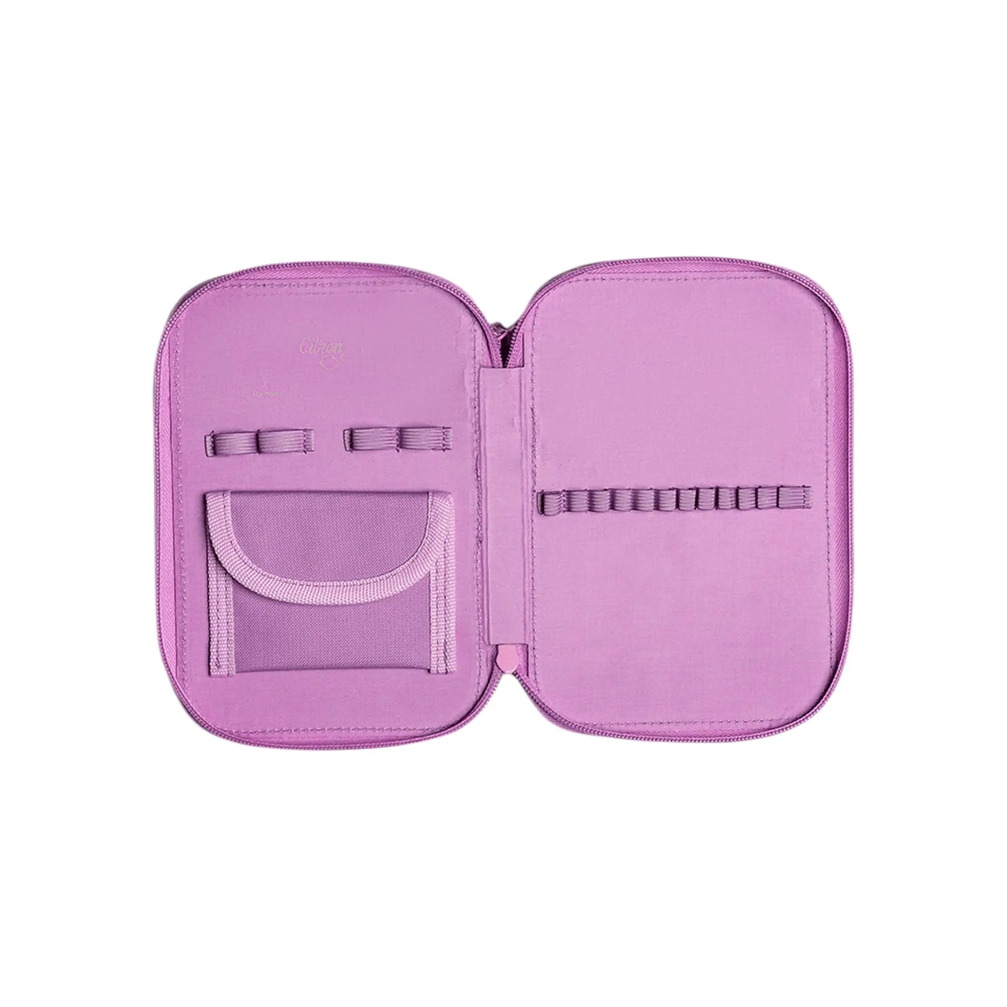 Lil Bunnies - The Collective open purple layered pencil case with elastic pen holders and a mesh pocket