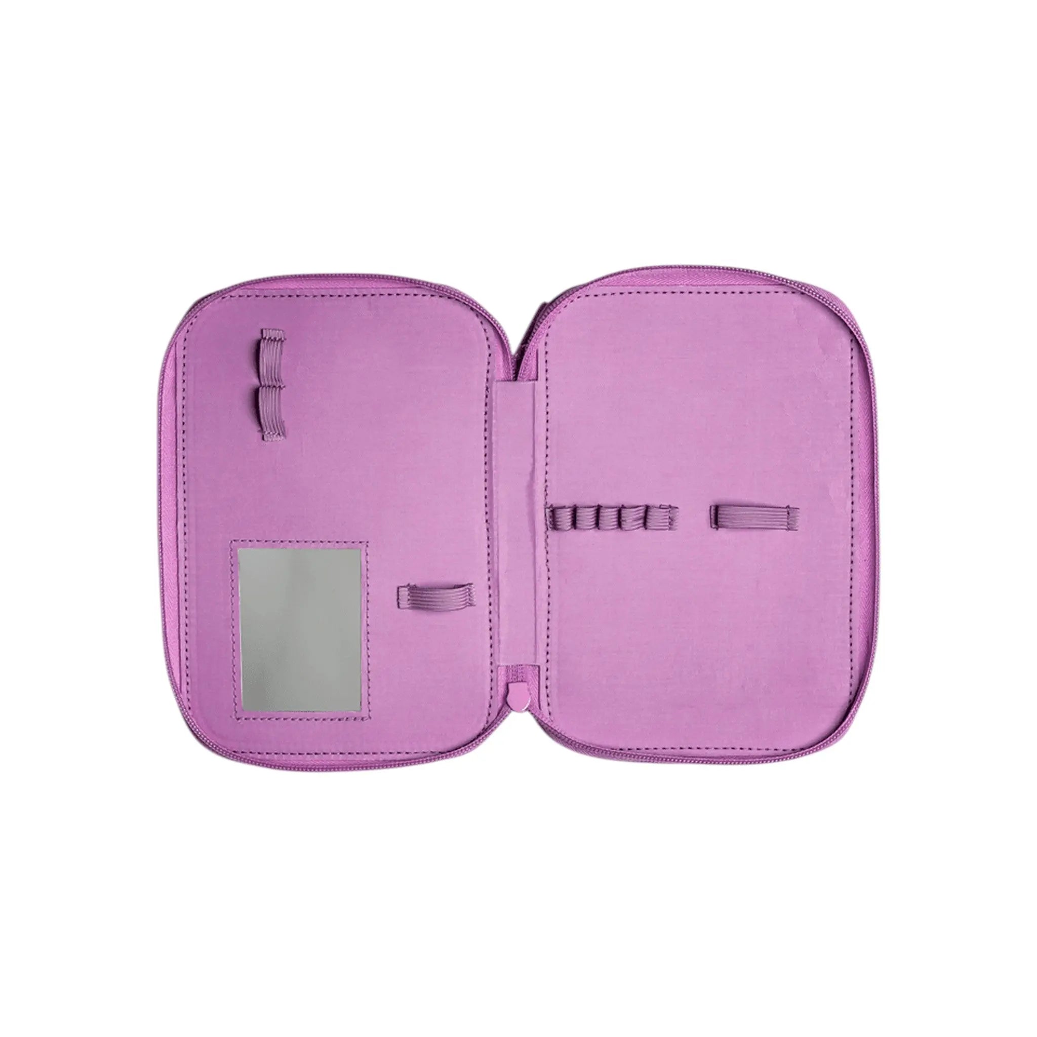 Lil Bunnies - The Collective purple layered pencil case open with elastic pen loops and a small integrated mirror