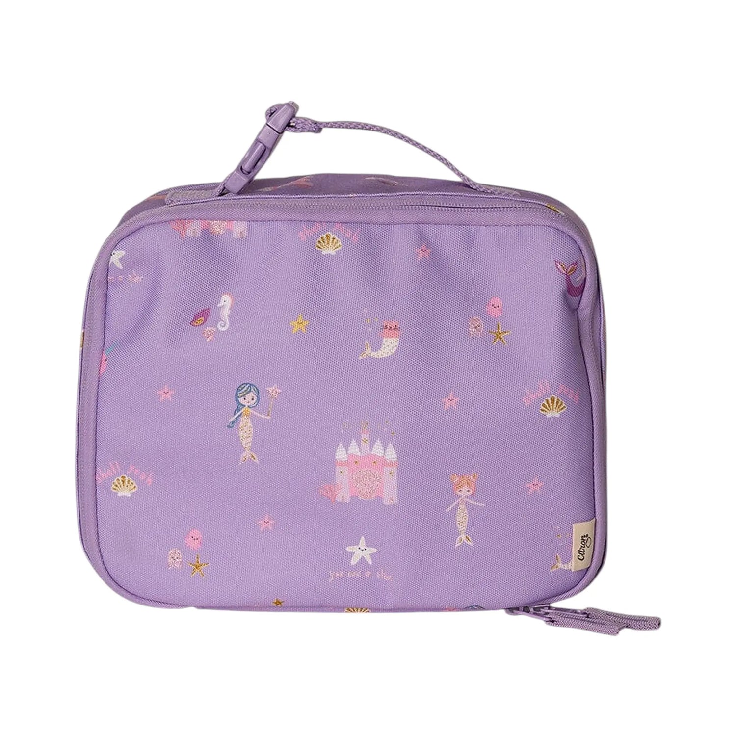 Lil Bunnies - The Collective square insulated lunch bag in purple featuring a playful mermaid and seashell print.