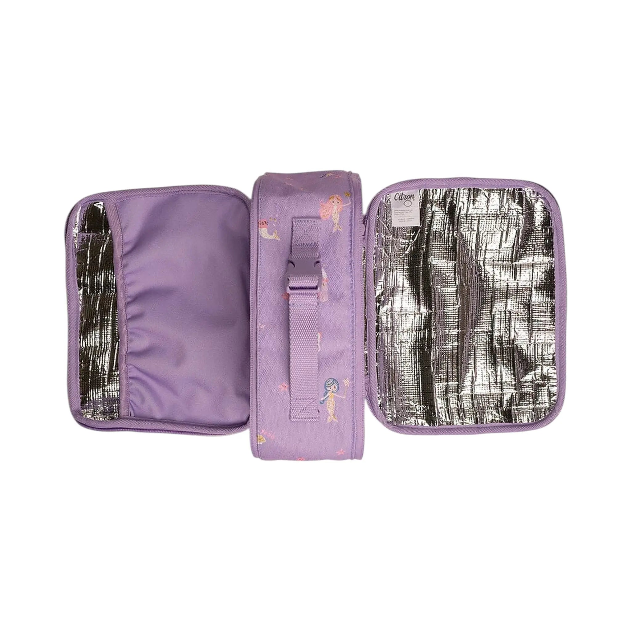 Lil Bunnies - The Collective insulated square lunch bag in purple with a mermaid print and silver thermal lining